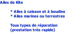 Ailes de Kite                  * Ailes à caisson et à boudins          * Ailes marines ou terrestres           Tous types de réparation          (prestation très rapide)